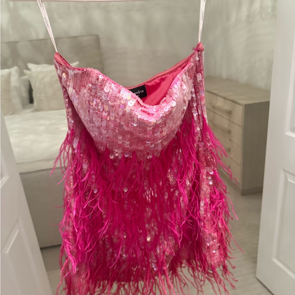 Retrofete Hot Pink Sequin & Feather Mini Dress
